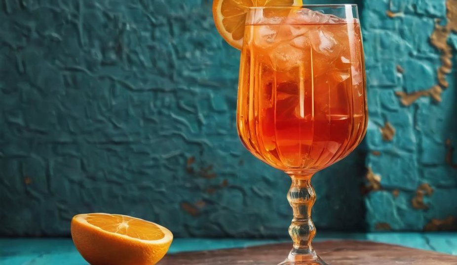 En orange drink med en apelsinskiva på kanten, står på en skärbräda i trä mot en turkos bakgrund.