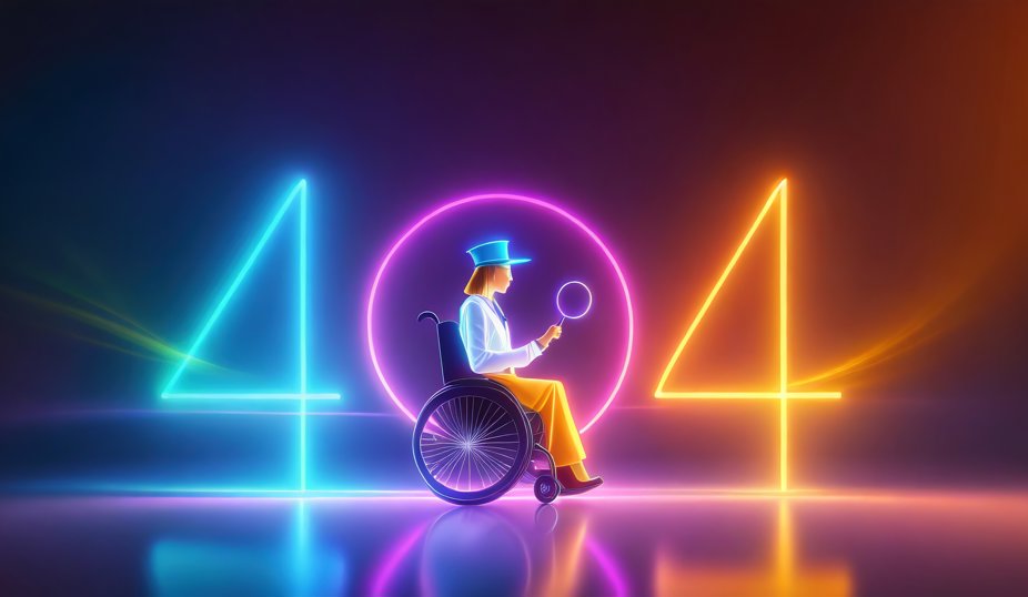 Illustration av person i rullstol som håller ett förstoringsglas. I bakgrunden lyser siffran 404 i neon.