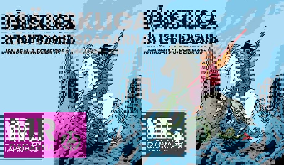 Illustration av ett barn på en vit häst som bekämpar en grön drake framför en futuristisk stadsbild, med texten ‘Mänskliga rättighetsdagarna, Kistamässan 9–10 december 2025’ och logotyp för MR-dagarna