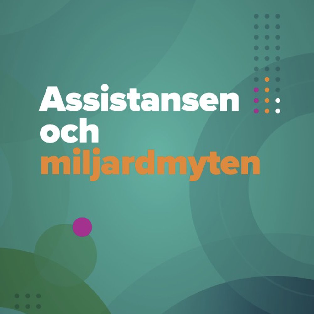 Texten "Assistansen och miljardmyten" i vitt och orange på en turkos bakgrund. 