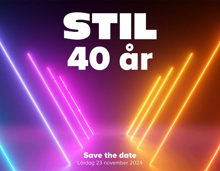 Neonljus som bildar en gång. Text i vitt: STIL 40 år, Save the date, Lördag 23 november.