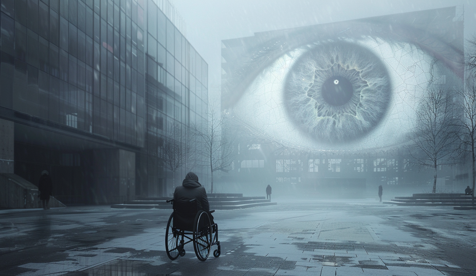 En person i rullstol möter ett enormt öga på en byggnad i en kall, tom stadsmiljö.