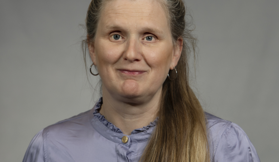 Kvinna med långt mellan blont hår över ena axeln. Leende. Ljuslila blus.