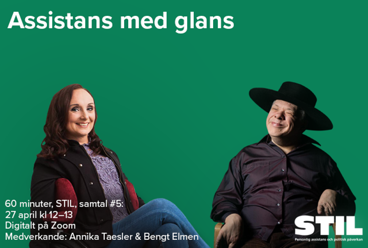 en kvinna med långt rödbrunt hår, svart jacka över en mönstrad tröja. Man i svarta kläder och svart hatt.